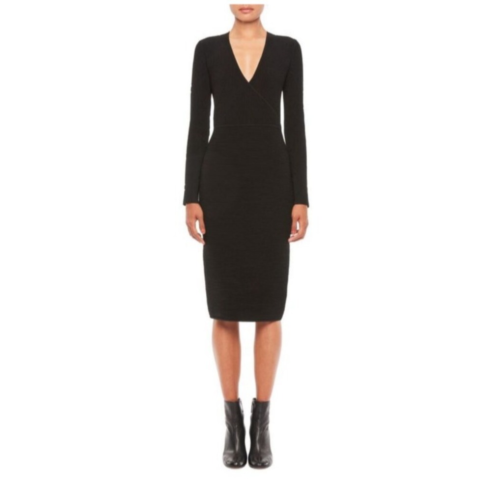 NWT Emporio Armani Black Sheath Dress Rib Knit Texture V-Neck Long‎ Sleeve, 40/S
